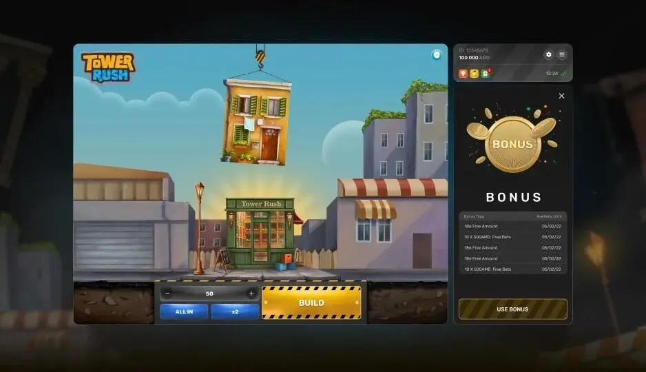 Tower Rush mid-round — the tower rising with the multiplier climbing
