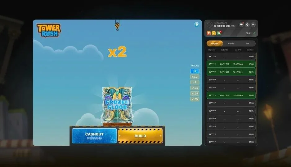 Tower Rush high tower with a large multiplier on screen